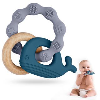 Activity-board  Beißring für Babys, Beißring-Spielzeug aus Silikon und Holzringen, Baby-Beißhilfe BPA-frei, schmerzlinderndes Beißzubehör 