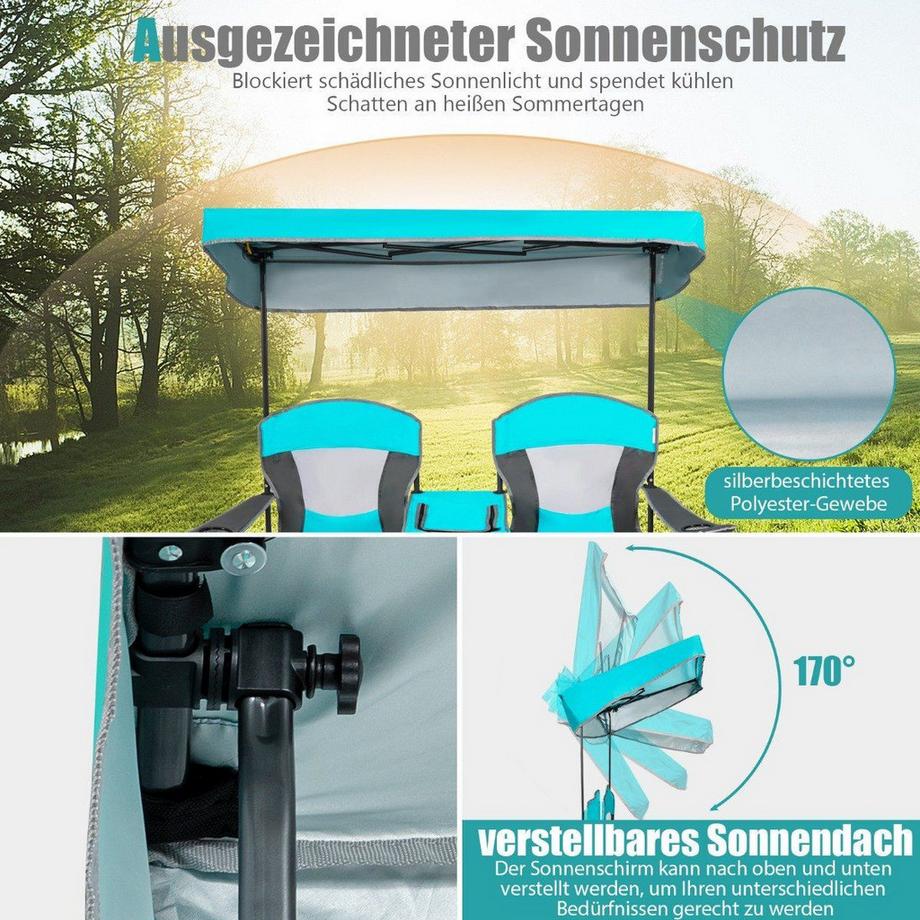 B2X  2-Sitzer Campingstuhl mit Sonnenschutz Mini-Tisch klappbarer Angelstuhl mit Tragetasche 166 x 71 x 151 cm Navy 