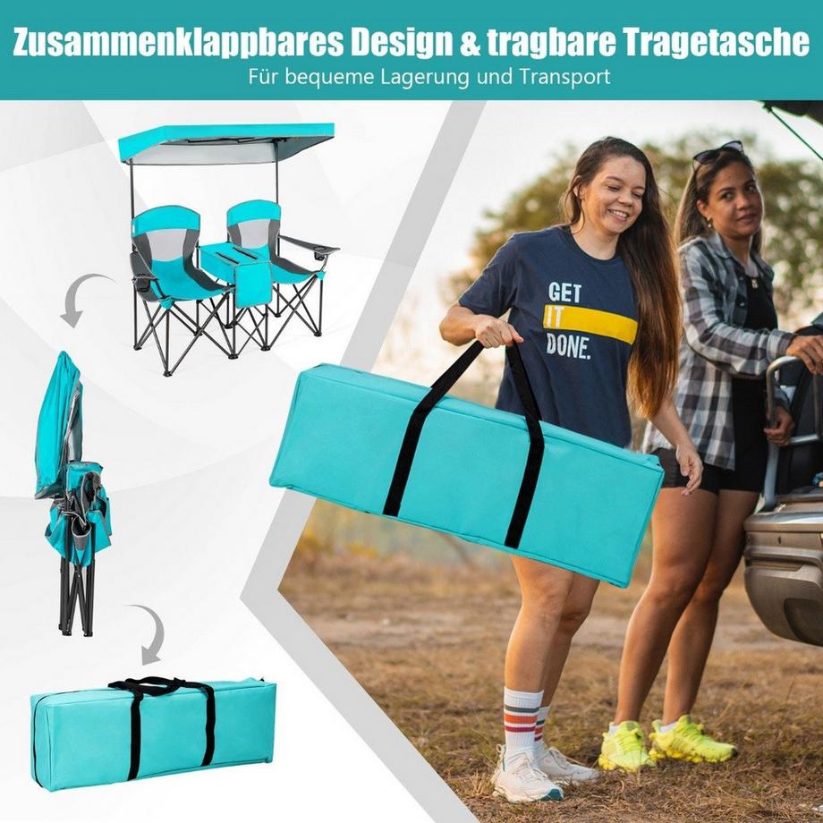B2X  2-Sitzer Campingstuhl mit Sonnenschutz Mini-Tisch klappbarer Angelstuhl mit Tragetasche 166 x 71 x 151 cm Navy 
