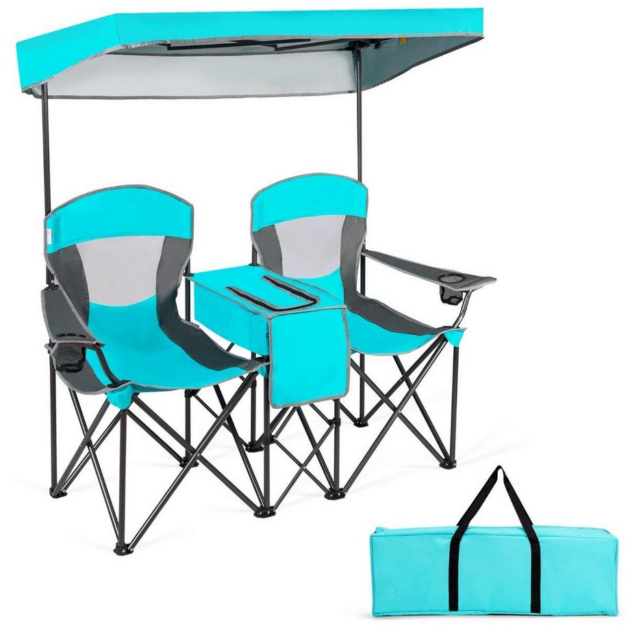 2-Sitzer Campingstuhl mit Sonnenschutz Mini-Tisch klappbarer Angelstuhl mit Tragetasche 166 x 71 x 151 cm Navy