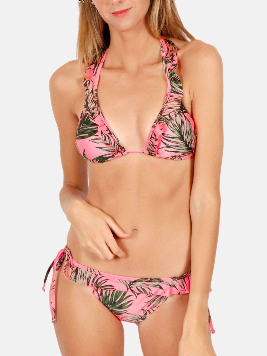 Admas  Bikini a triangolo in 2 pezzi con balze rosa Fluor Leaves 