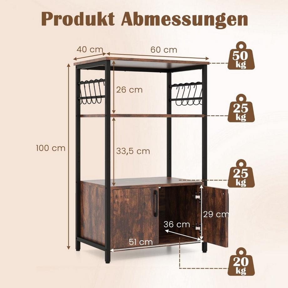 Northix  Etagère de cuisine avec placard Etagère de boulanger à 3 niveaux avec 2 étagères ouvertes et 10 crochets 60 x 40 x 100 cm marron 