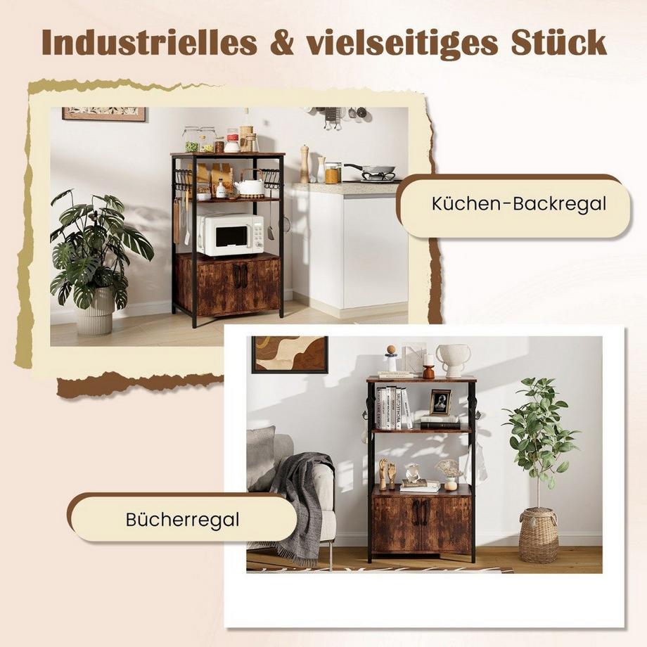 Northix  Etagère de cuisine avec placard Etagère de boulanger à 3 niveaux avec 2 étagères ouvertes et 10 crochets 60 x 40 x 100 cm marron 