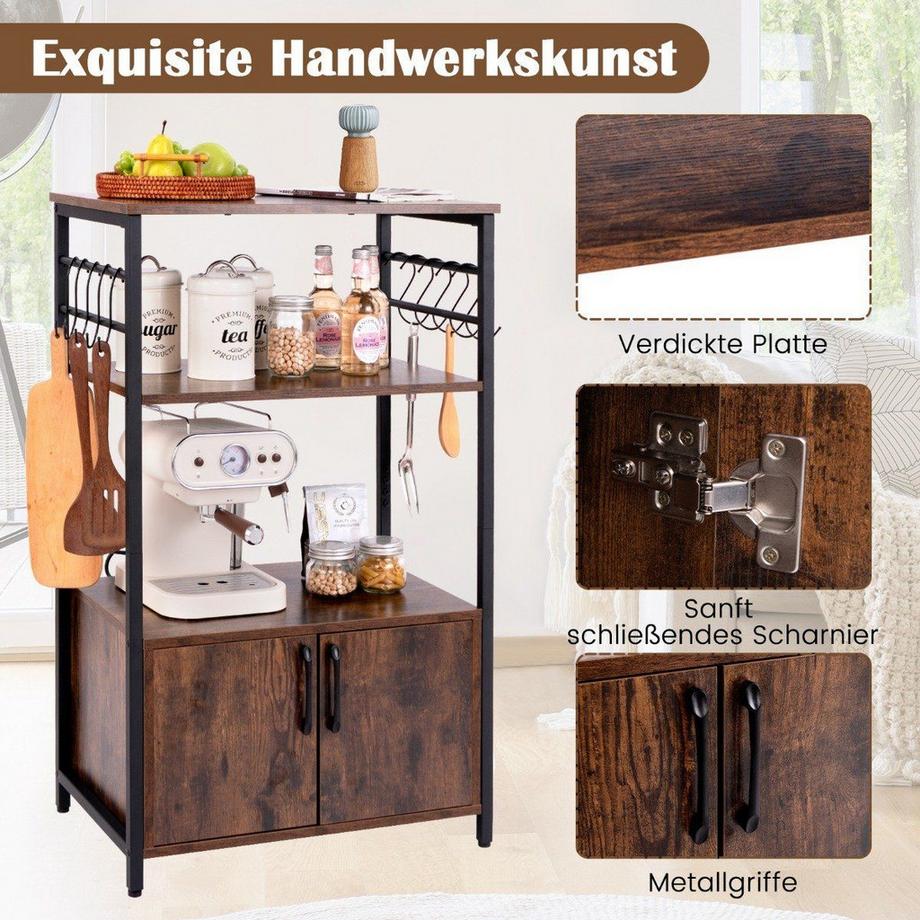 Northix  Etagère de cuisine avec placard Etagère de boulanger à 3 niveaux avec 2 étagères ouvertes et 10 crochets 60 x 40 x 100 cm marron 