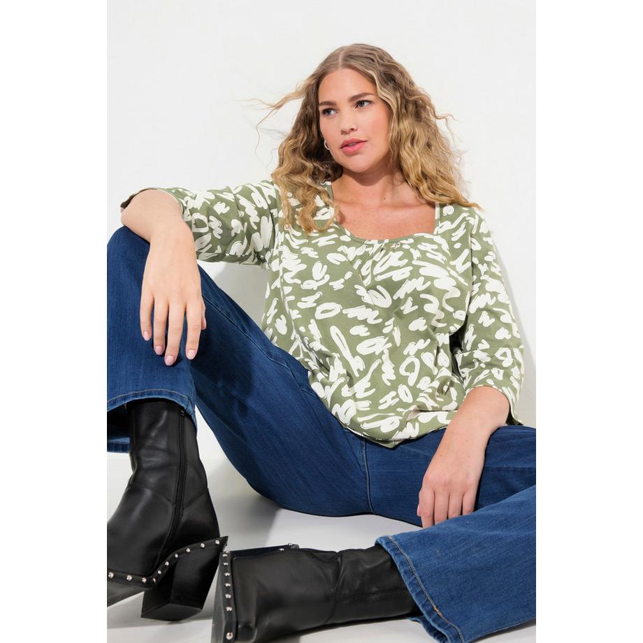 Ulla Popken Maglia Taglio Svasato Pieghe Decorative Scollo Rettangolare Maniche 3/4  