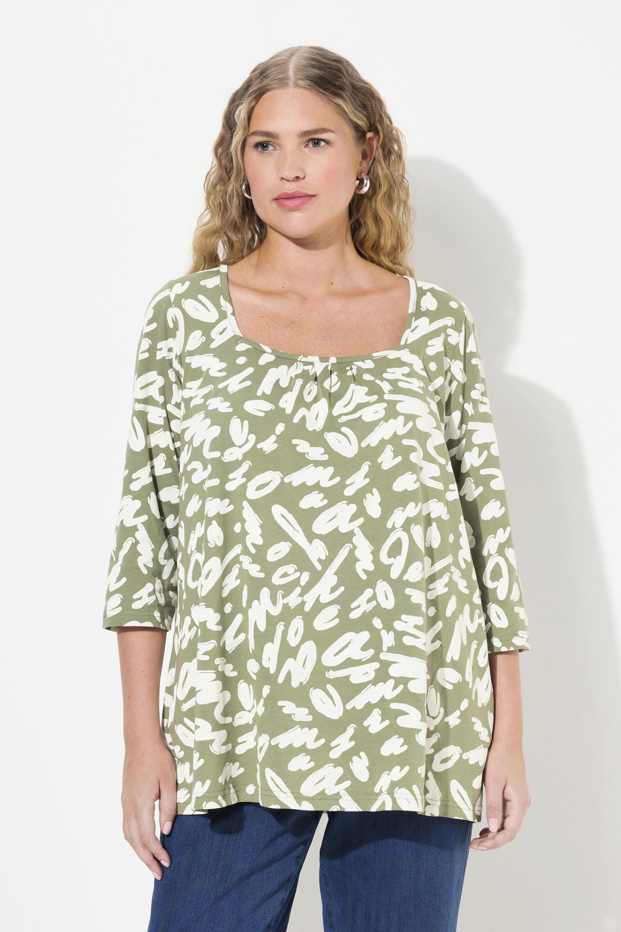 Ulla Popken Maglia Taglio Svasato Pieghe Decorative Scollo Rettangolare Maniche 3/4  