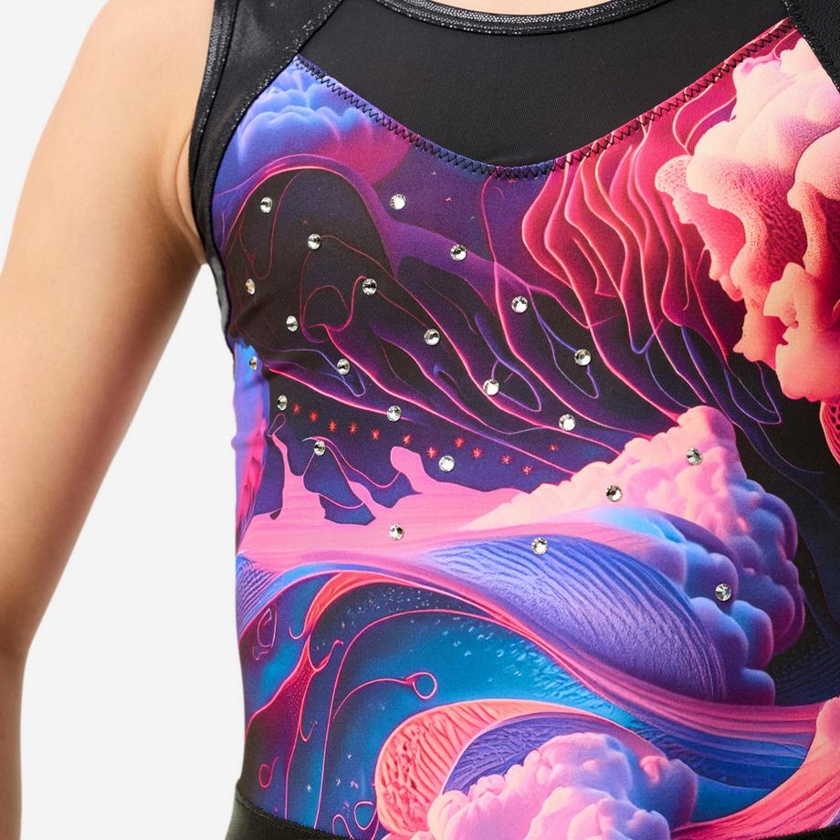 DOMYOS  Ärmelloser Gymnastikanzug für Mädchen, multicolor und 