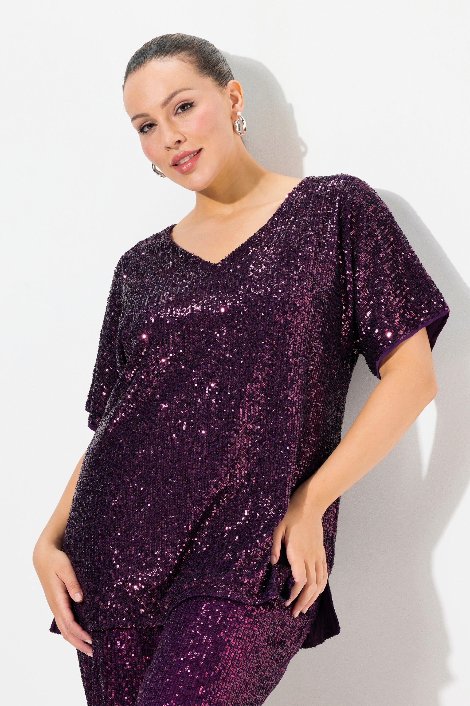 Ulla Popken  Maglia dal taglio oversize con paillettes, scollo a V e mezze maniche 