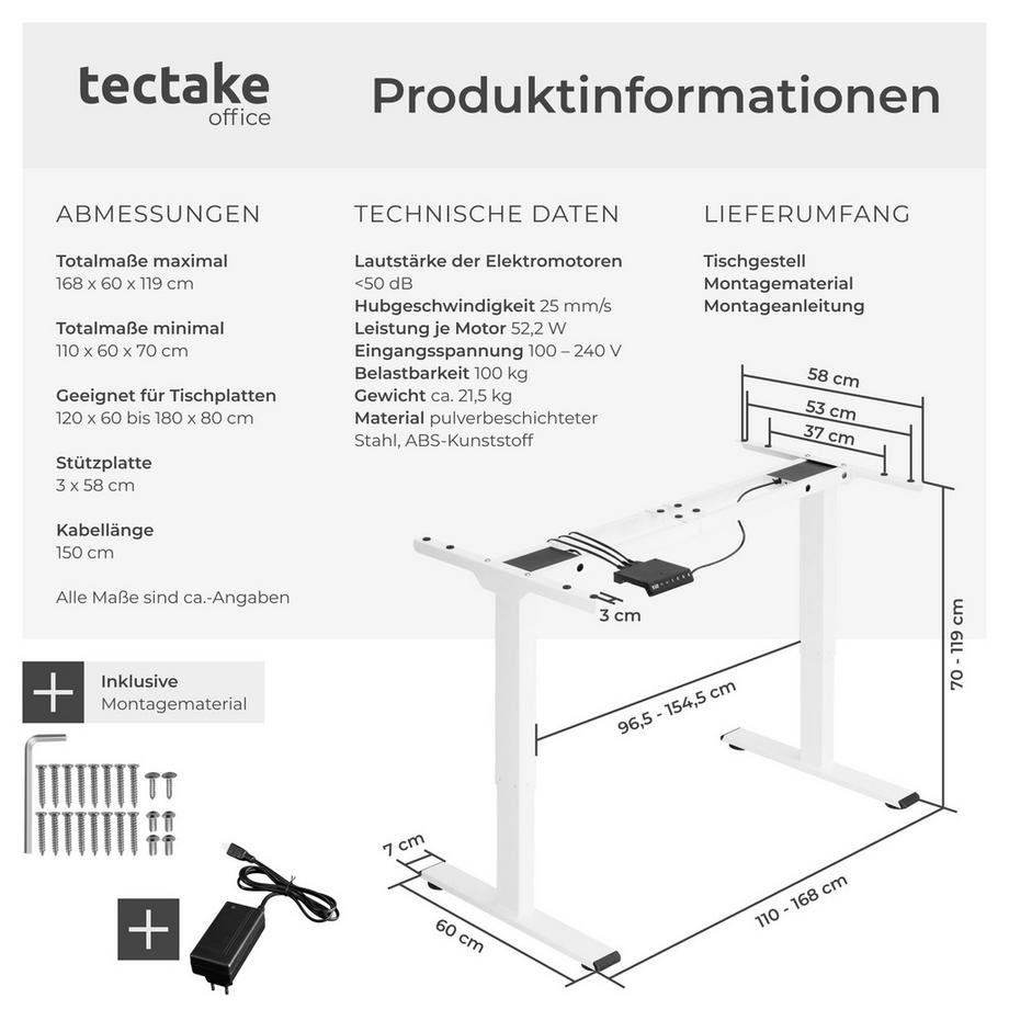 Tectake Telaio per scrivania Melville regolazione elettrica della altezza  