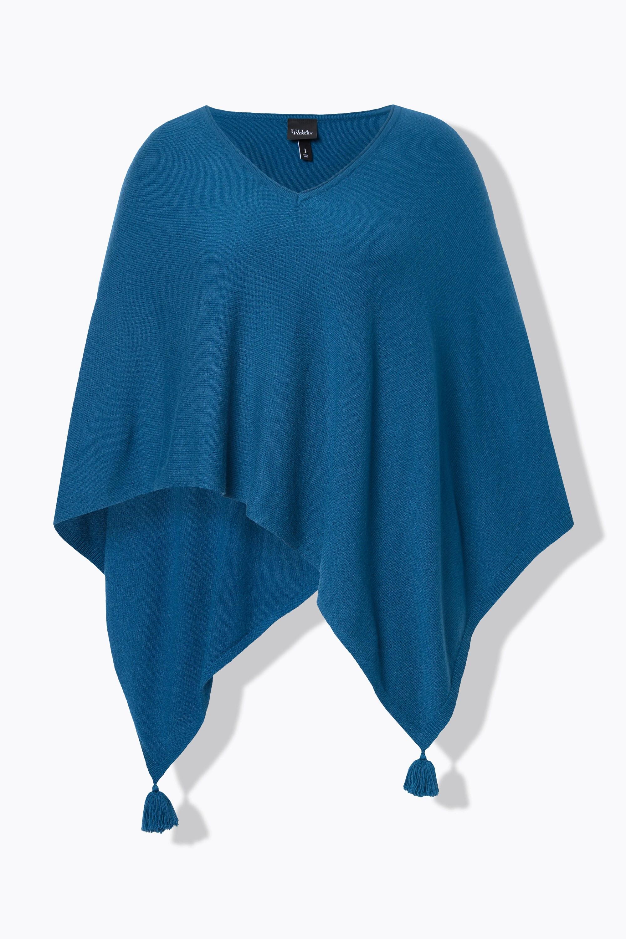 Ulla Popken  Poncho en maille, finition en pointe, pompon, col en V, sans manches 