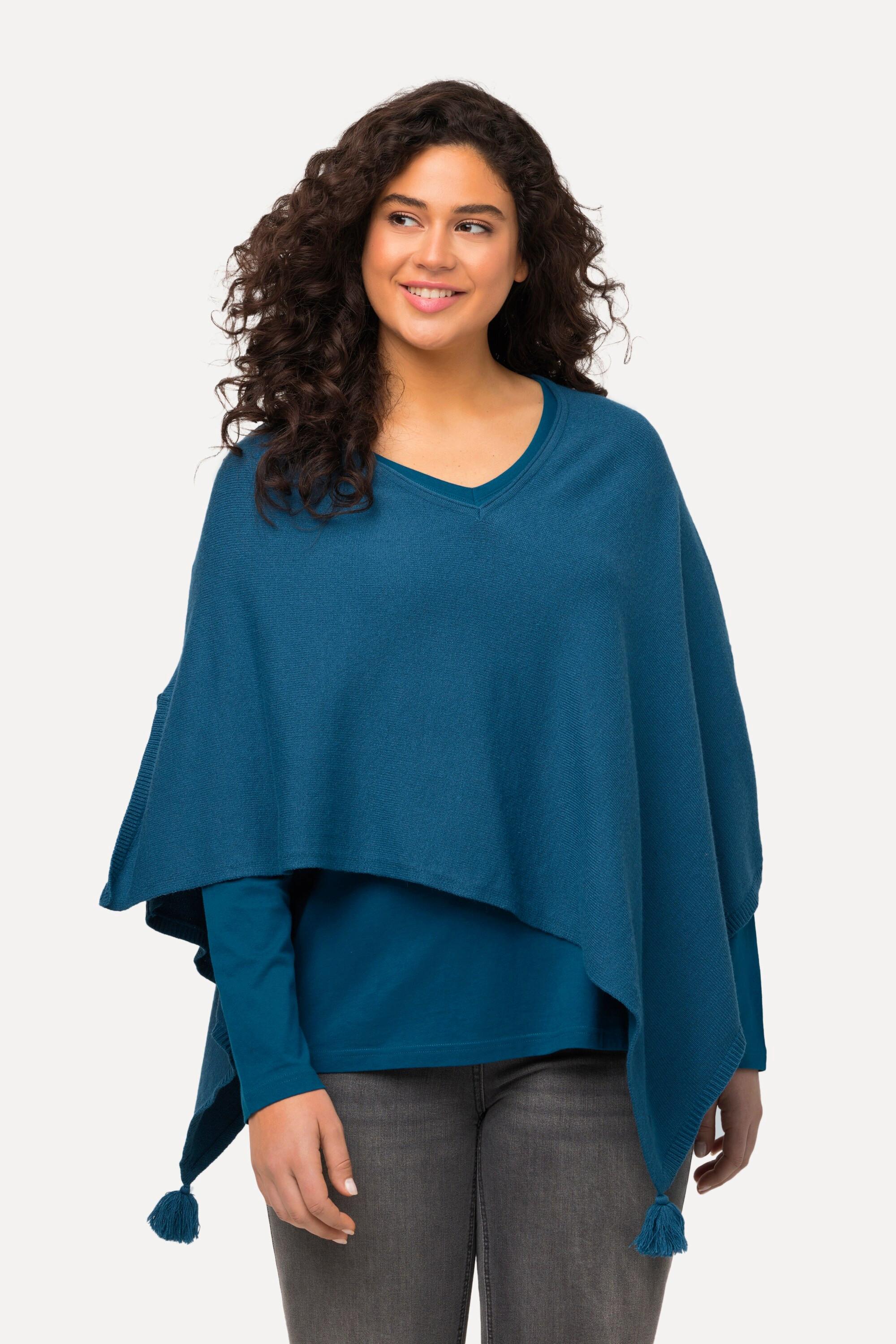 Ulla Popken  Poncho en maille, finition en pointe, pompon, col en V, sans manches 