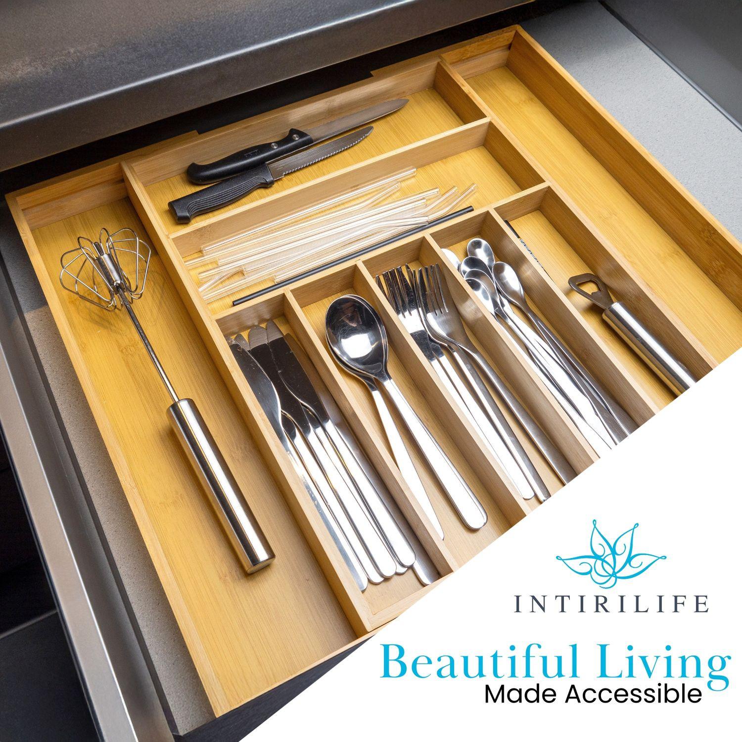 Intirilife Besteckkasten Schubladen Organizer aus Bambus Ausziehbar mit bis zu 8 Fächern  