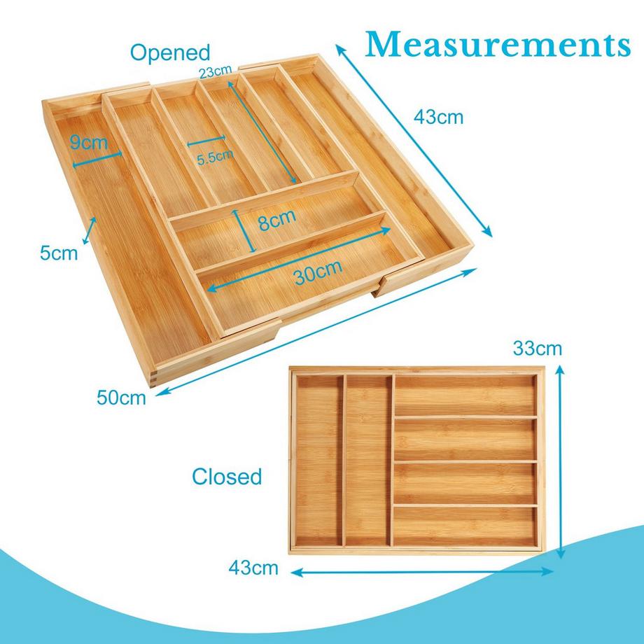 Intirilife Besteckkasten Schubladen Organizer aus Bambus Ausziehbar mit bis zu 8 Fächern  