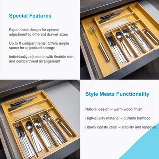 Intirilife Besteckkasten Schubladen Organizer aus Bambus Ausziehbar mit bis zu 8 Fächern  