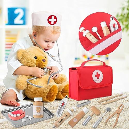 Activity-board  Mallette de médecin mallette de médecin en bois pour enfants avec véritable stéthoscope, blouse de médecin et sac de médecin 