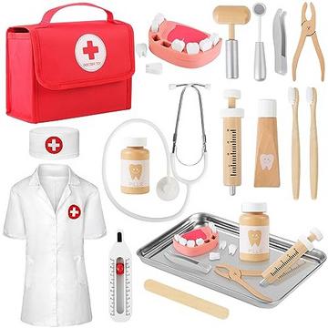 Mallette de médecin mallette de médecin en bois pour enfants avec véritable stéthoscope, blouse de médecin et sac de médecin