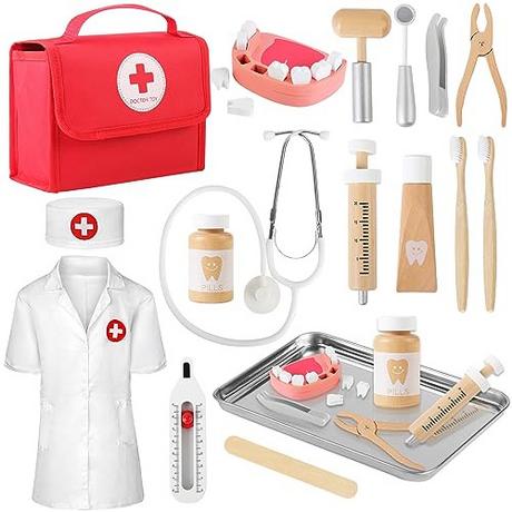 Activity-board  Mallette de médecin mallette de médecin en bois pour enfants avec véritable stéthoscope, blouse de médecin et sac de médecin 