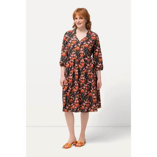 Ulla Popken Abito Tunica Magnolie Taglio Svasato Scollo a V Maniche 3/4  