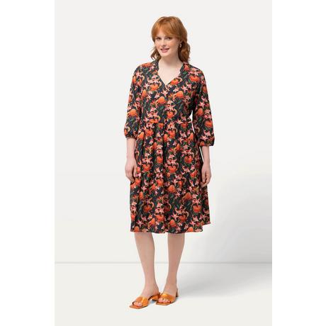 Ulla Popken Abito Tunica Magnolie Taglio Svasato Scollo a V Maniche 3/4  