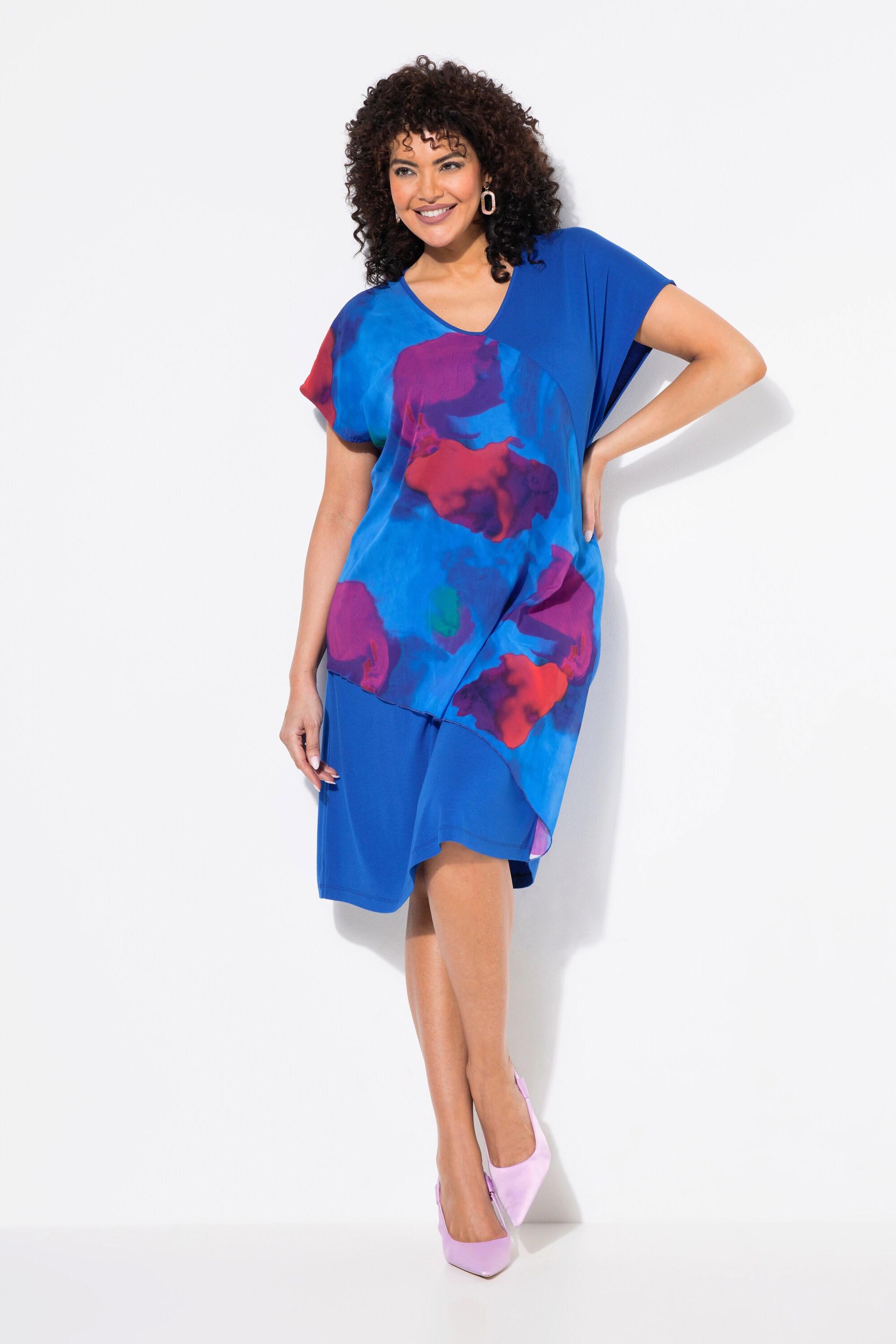 Ulla Popken Jerseykleid Chiffon-Überwurf V-Ausschnitt Halbarm  