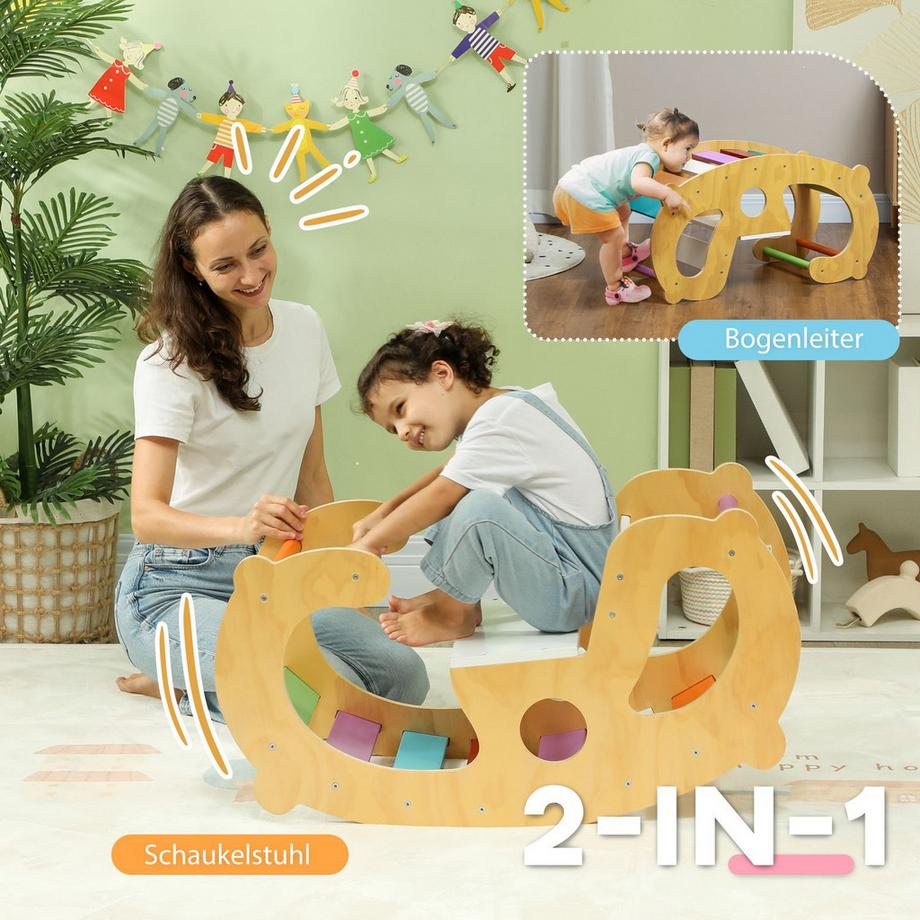 Northio  2 in 1 Klettergerüst Set mit Schaukelstuhl, Kletterbogen zum Schaukeln und Klettern, Kletterspielzeug aus Holz, für Kinder 1,5-4 Jahre, Indoor, Mehrfarbig 