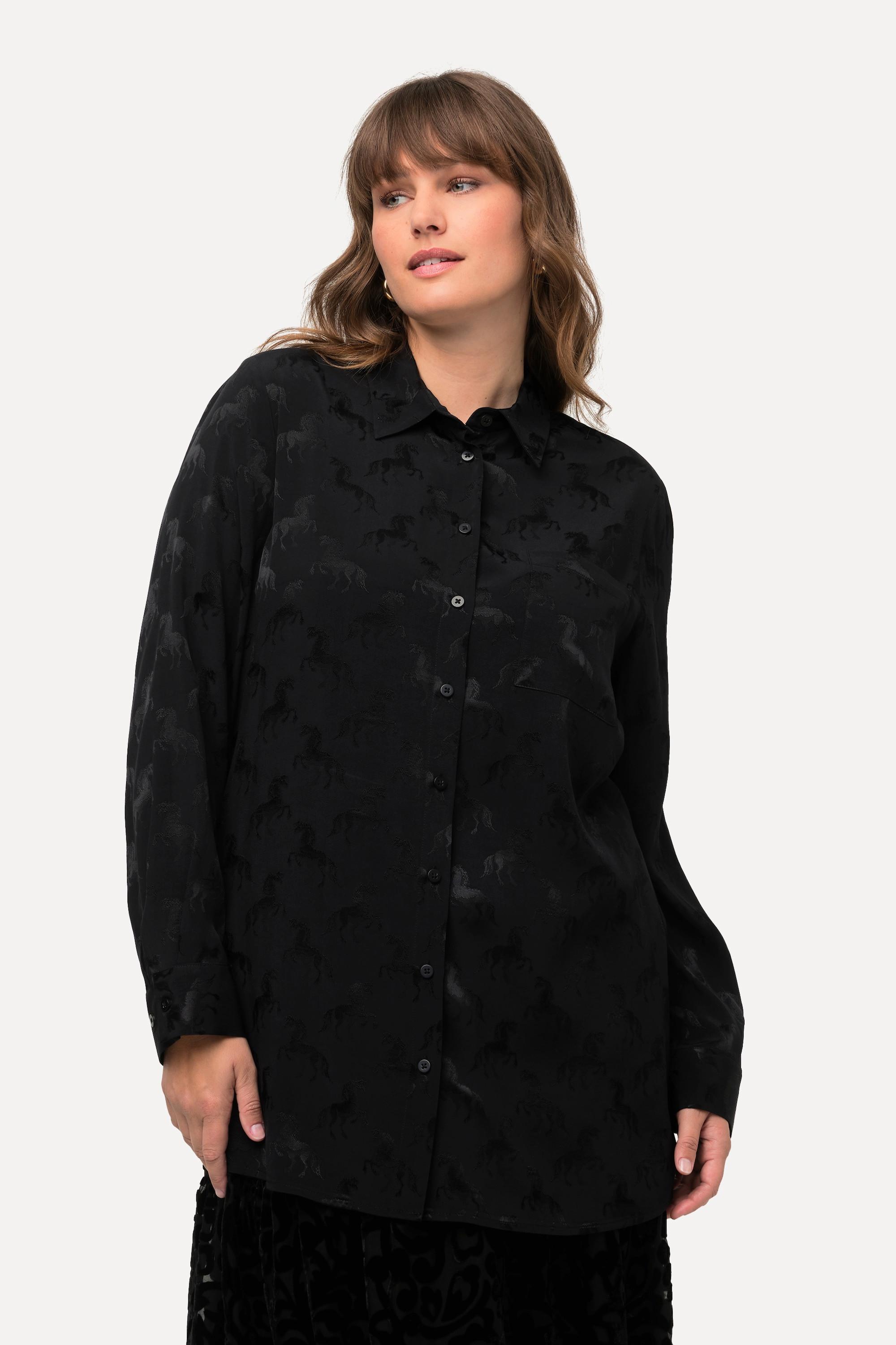 Ulla Popken  Blouse à col chemise et manches longues, tissu Jacquard avec motif chevaux 