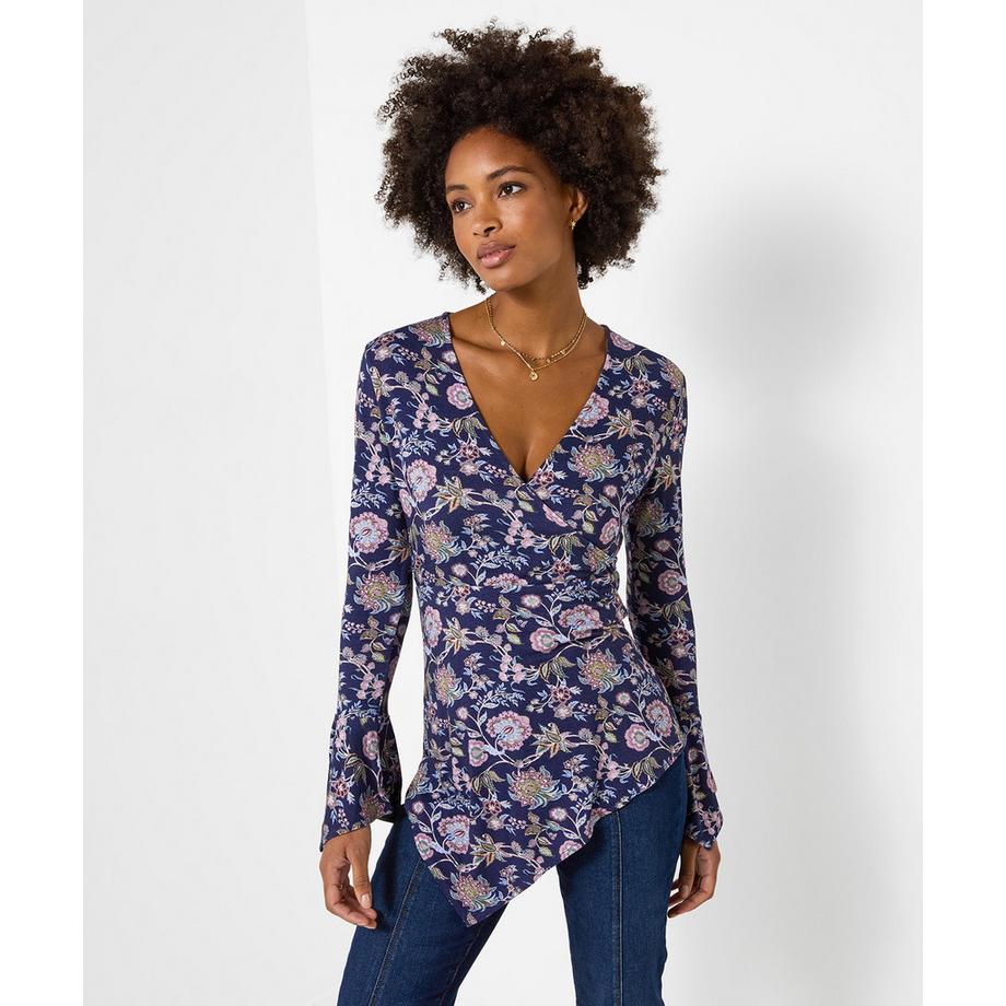 Blouse Cache-Cœur en Jersey Fleurie à Manches Corolle