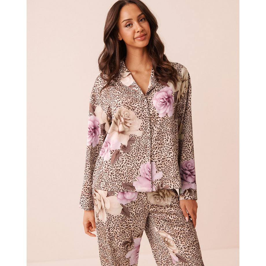 Satin-Hemd mit langen Ärmeln und floralem Leopardenmuster