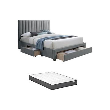 Bett mit 3 Schubladen + Matratze - 140 x 200 cm - Stoff - Grau - LIAKO