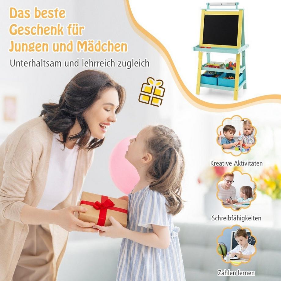 Northio  Chevalet pour enfants 3 en 1, tableau blanc, tableau noir et papier à dessin double face, jaune + bleu 