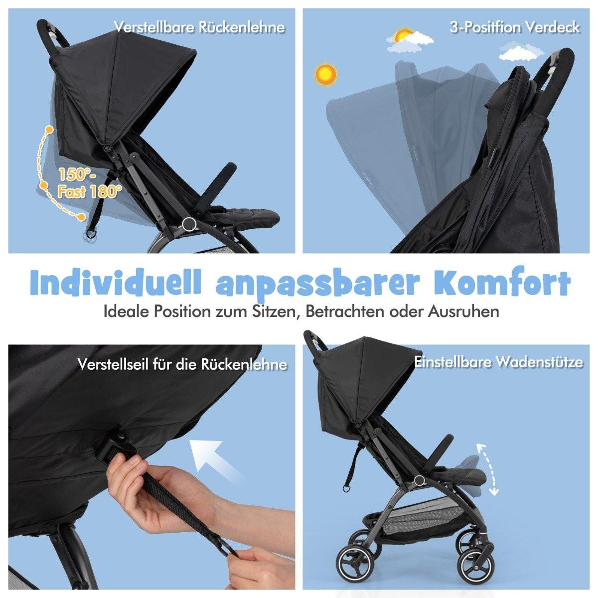Northix  Einhändig Klappbare Kinderwagen mit Verstellbarer Rückenlehne & Verdeck Reisebuggy Schwarz 