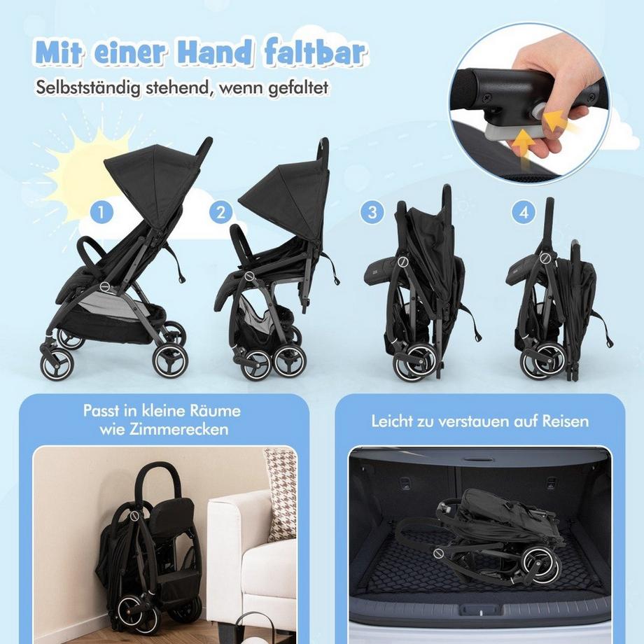 Northix  Einhändig Klappbare Kinderwagen mit Verstellbarer Rückenlehne & Verdeck Reisebuggy Schwarz 