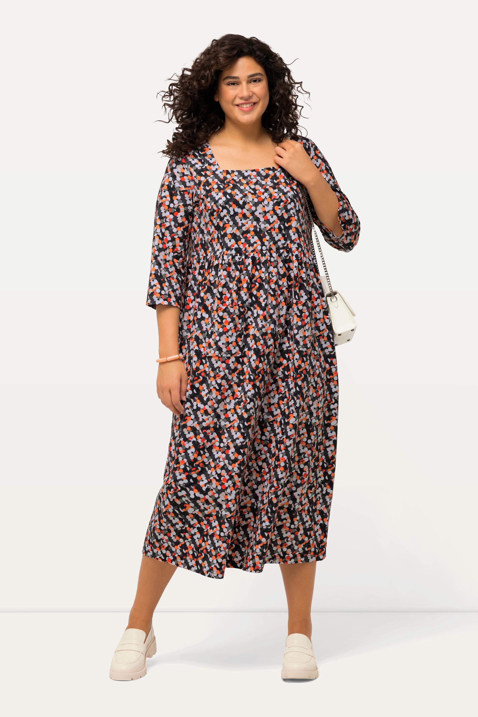 Ulla Popken Jerseykleid Punkte Carree-Ausschnitt 3/4-Arm  