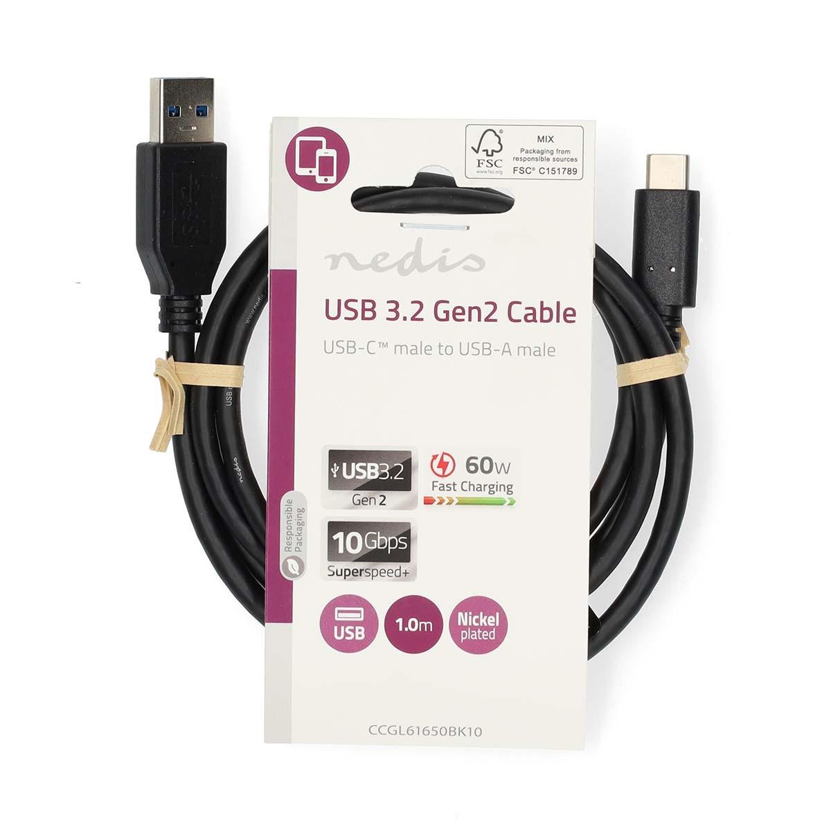 Nedis  USB-Kabel | USB 3.2 Gen 2 | USB-A-Stecker | USB-C™-Stecker | 60 W | 10 Gbit/s | Vernickelt | 1,00m | Rund | PVC | Schwarz | Etikett 