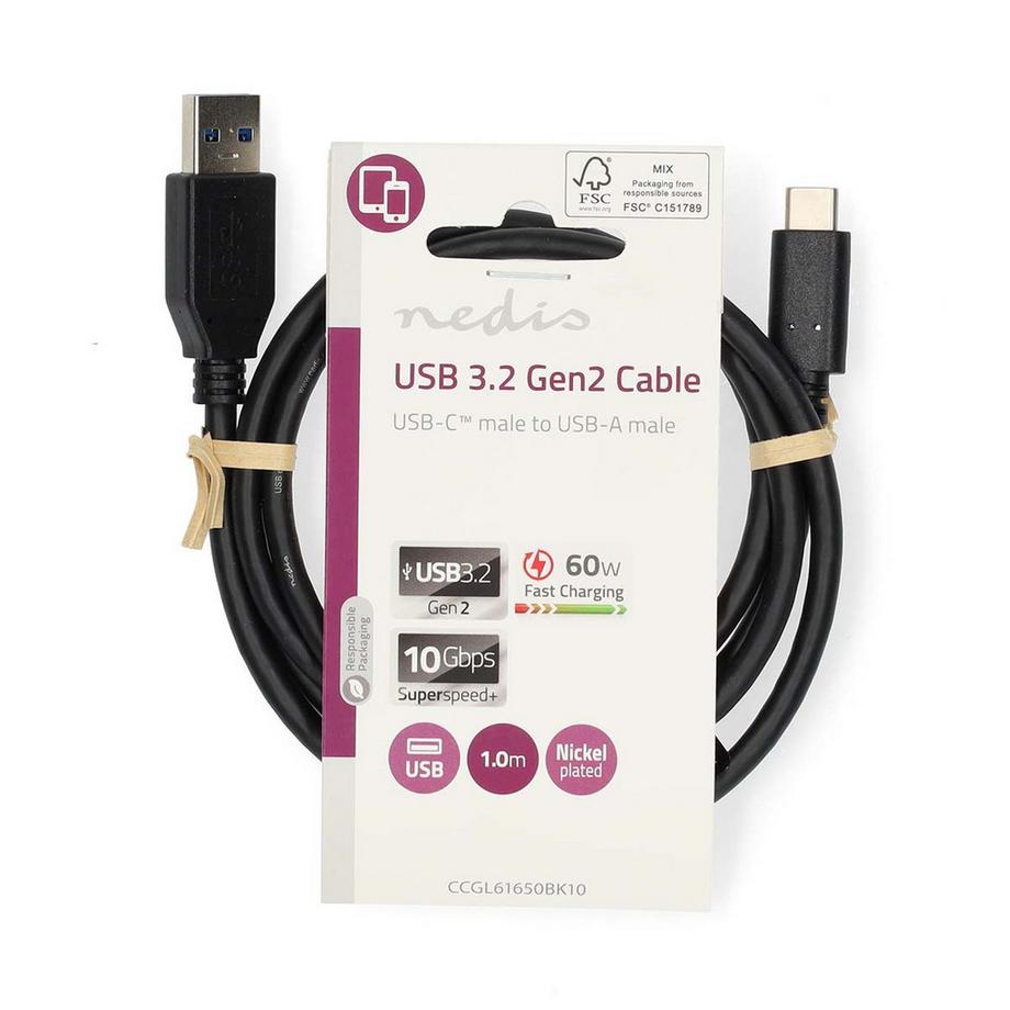 Nedis  Câble USB | USB 3.2 génération 2 | USB-A mâle | USB-C™ Mâle | 60 W | 10 Gbit/s | Nickelé | 1,00 m | Rond | PVC | Noir | Étiquette 