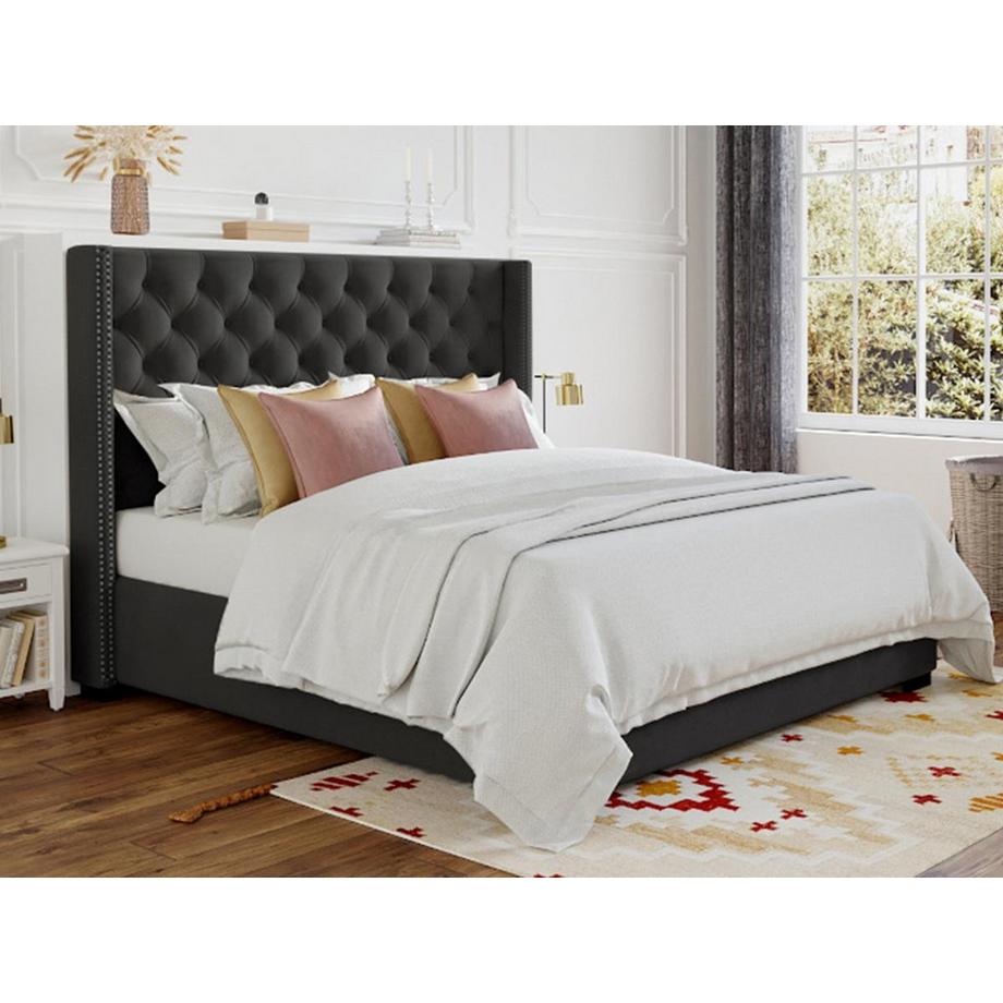 Vente-unique Polsterbett mit gestepptem Kopfteil + Matratze - 160 x 200 cm - Stoff - Grau - MASSIMO II  