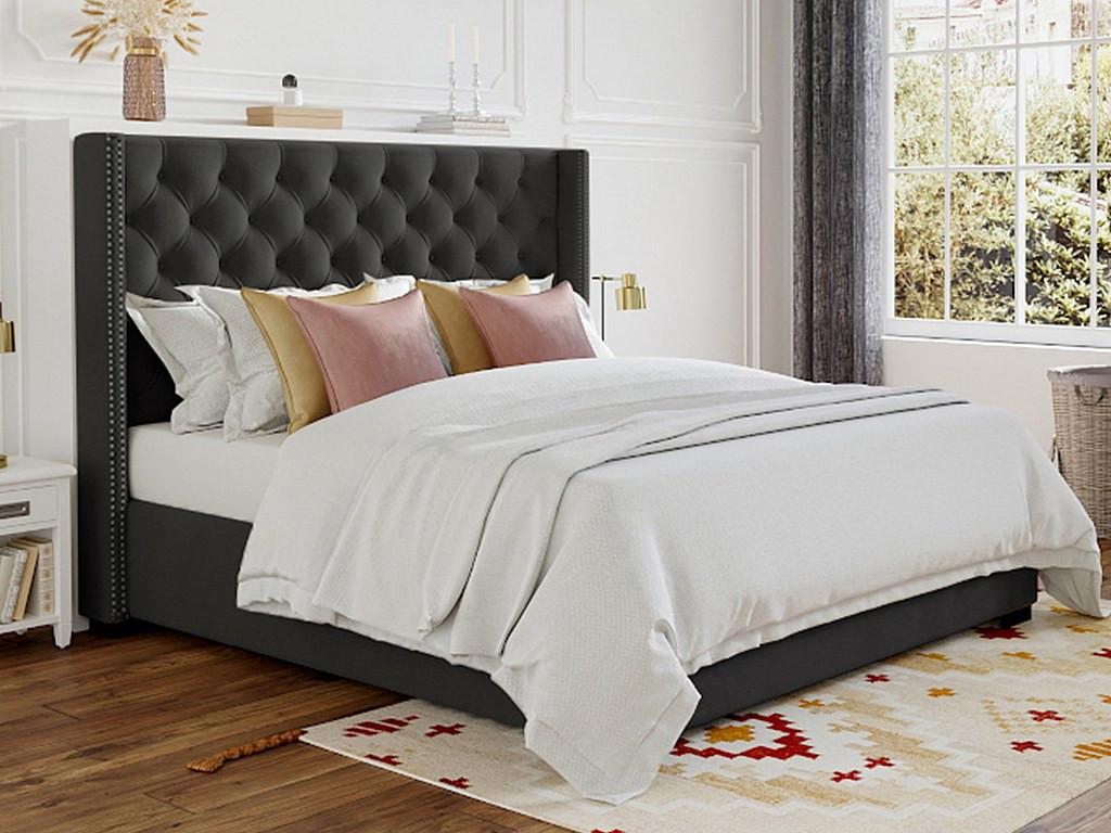 Vente-unique Polsterbett mit gestepptem Kopfteil + Matratze - 160 x 200 cm - Stoff - Grau - MASSIMO II  