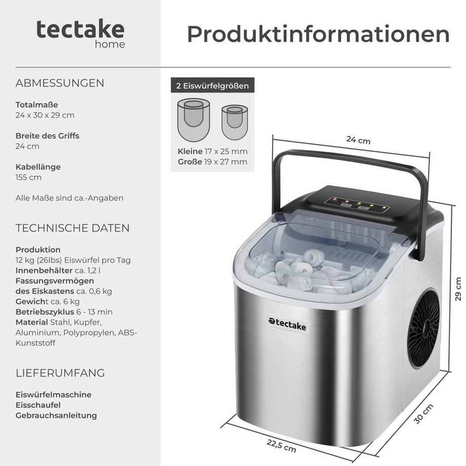 Tectake Macchina per il ghiaccio Arctic Serbatoio dell'acqua da 1,2 l, 2 dimensioni dei cubetti di ghiaccio  