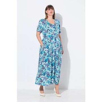 Jersey-Maxikleid, Blüten, Rundhals, Halbarm