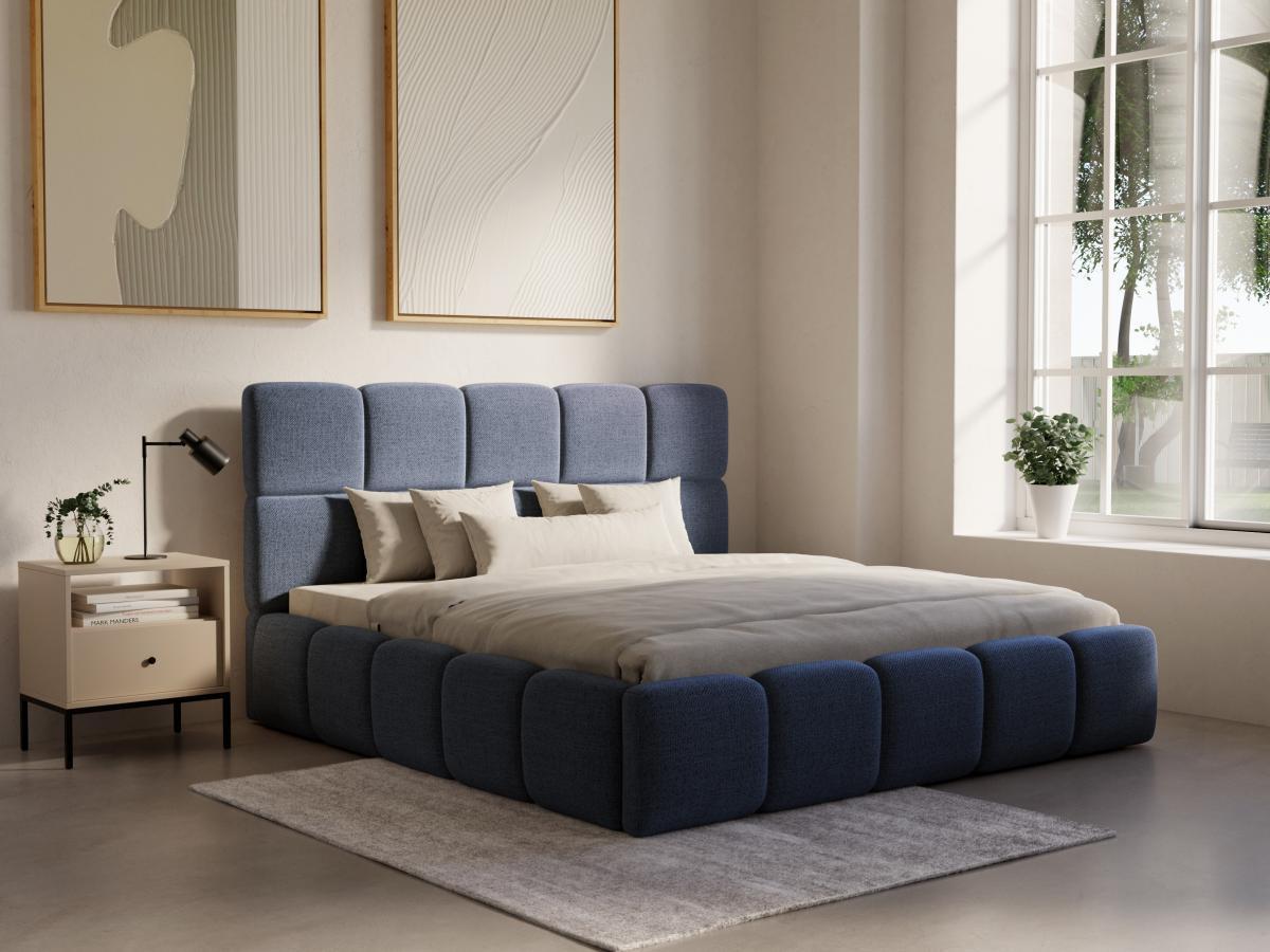 PASCAL MORABITO Bett mit Bettkasten - 140 x 190 cm - Strukturstoff - Blau + Matratze - DAMADO von Pascal Morabito  