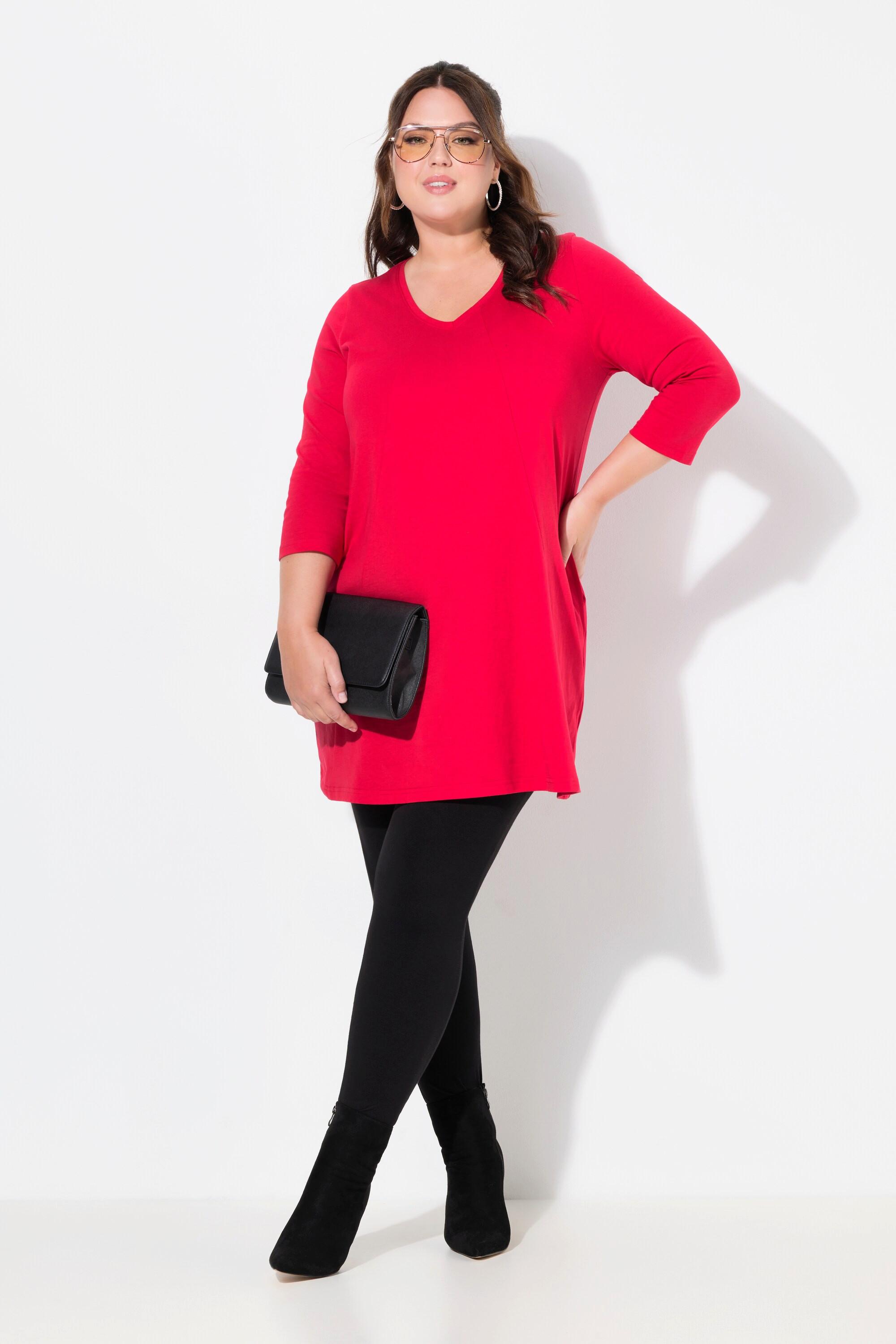 Ulla Popken Maglia lunga Cuciture decorative Taglio svasato Scollo a V Maniche 3/4  