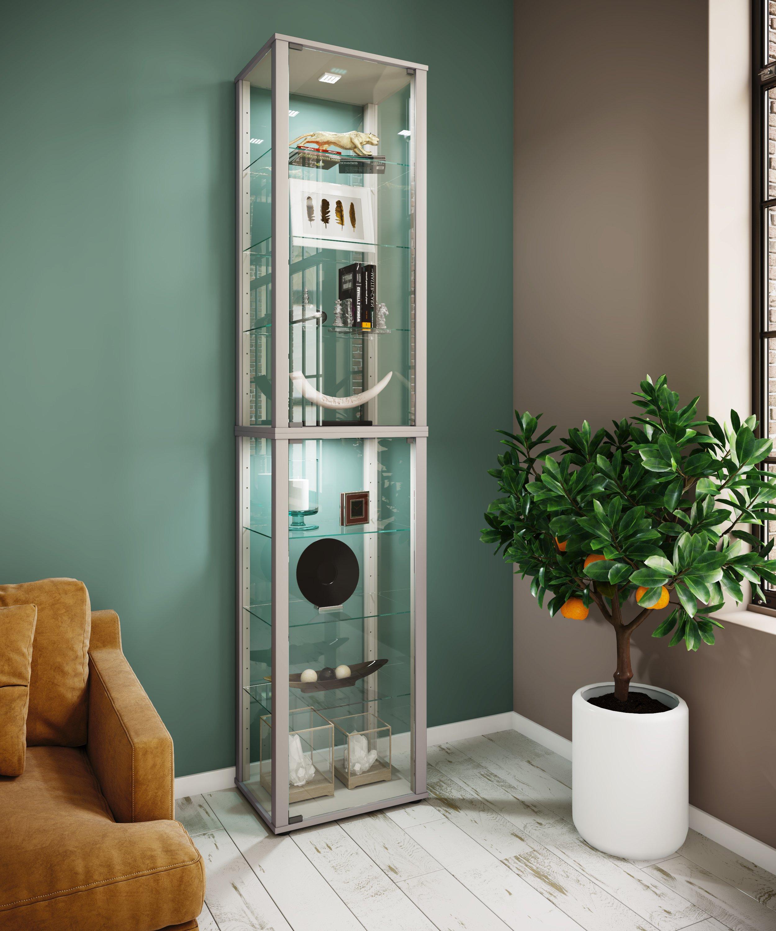 VCM Glasvitrine stehend | Vitrine Glas mit ESG-Sicherheitsglas | Maße ca. H. 227 x B. 50 x T. 38 cm | Standvitrine Glas | Modern und platzsparend | Glas  