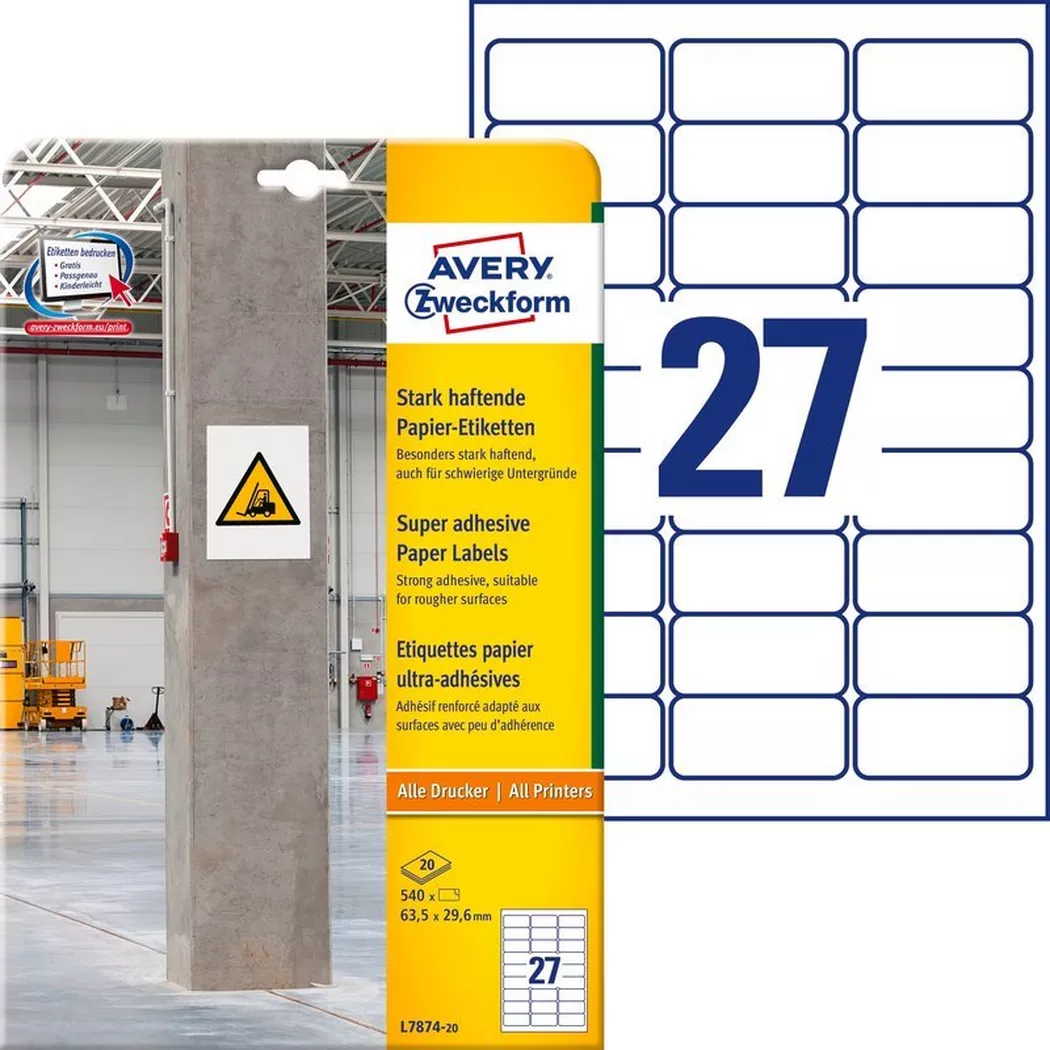 Avery-Zweckform – AVERY ZWECKFORM Etiketten Univ. 63.5×29.6mm, 20 Blatt, One Size, Weiss