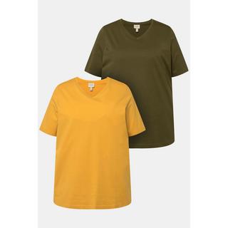 Ulla Popken  T-shirt di cotone biologico in confezione doppia con scollo a V e mezze maniche 