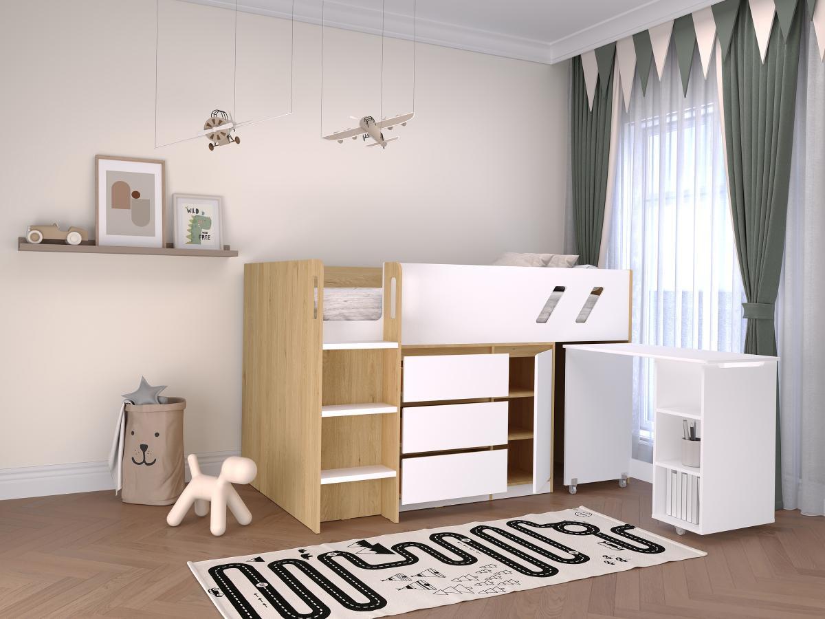 Vente-unique Lit combiné 90 x 190 cm avec bureau et rangements - Coloris : Naturel et blanc + Matelas - SAGITI  