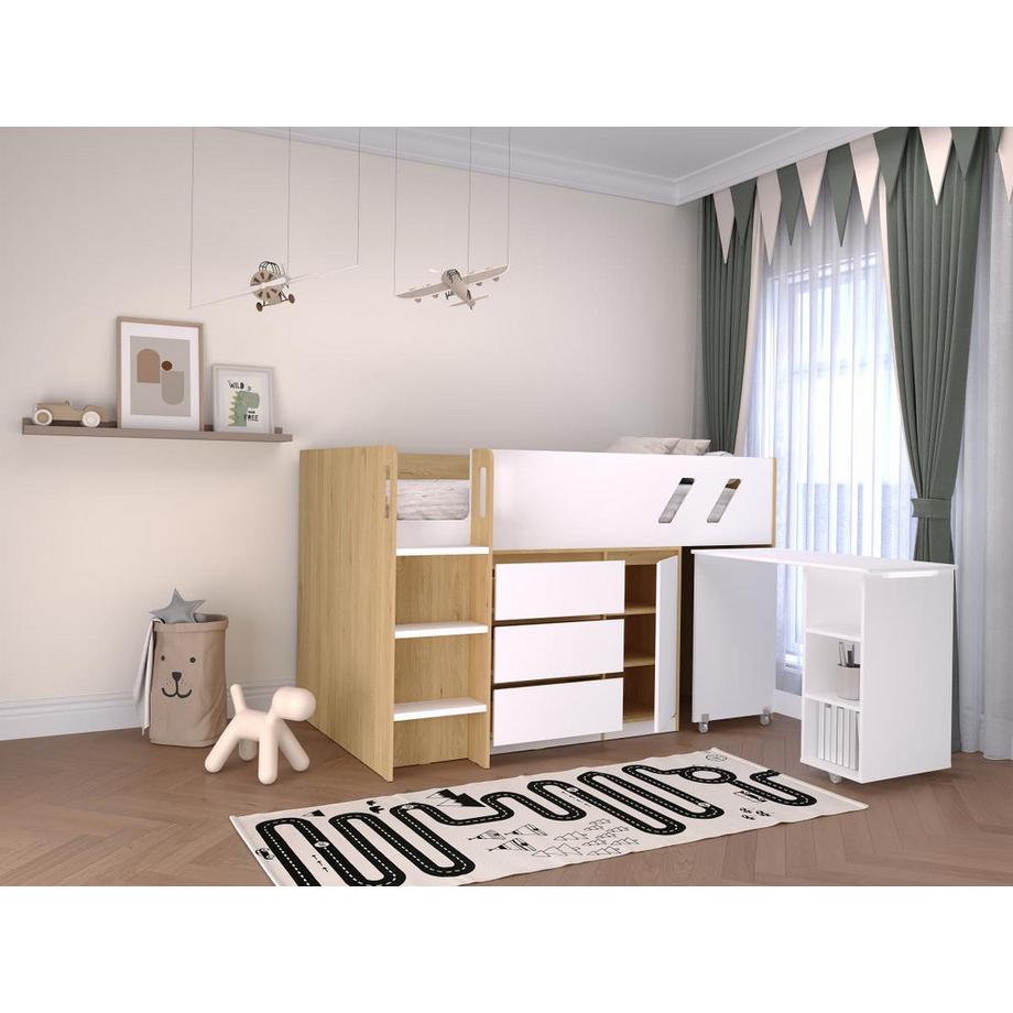 Vente-unique Kombi-Bett 90 x 190 cm - Mit Schreibtisch & Stauraum - Holzfarben & Weiß + Matratze - SAGITI  