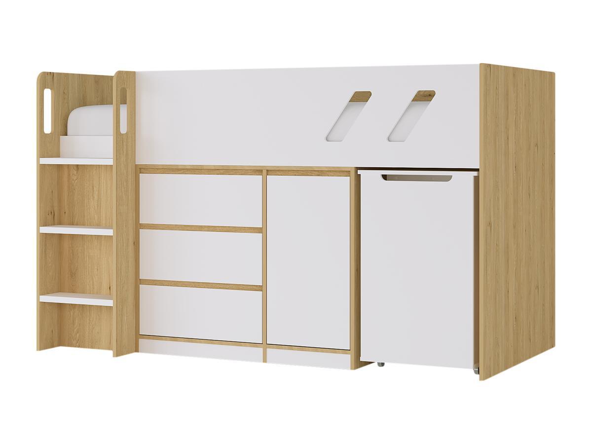 Vente-unique Kombi-Bett 90 x 190 cm - Mit Schreibtisch & Stauraum - Holzfarben & Weiß + Matratze - SAGITI  