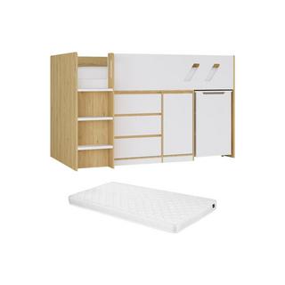 Vente-unique Kombi-Bett 90 x 190 cm - Mit Schreibtisch & Stauraum - Holzfarben & Weiß + Matratze - SAGITI  