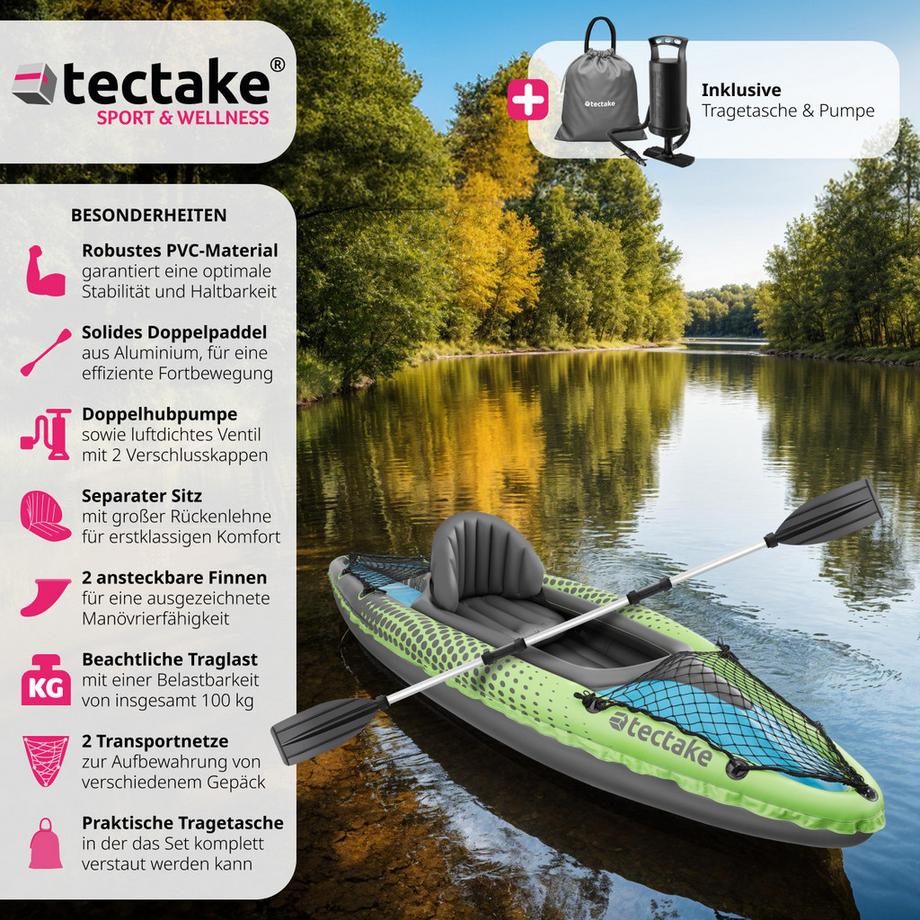 Tectake  Einerkajak Liberty aufblasbar, robust und leicht mit abnehmbarem Sitz, Doppelpaddel und Doppelhubpumpe 