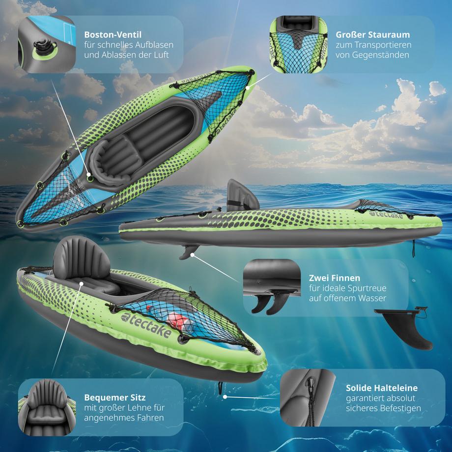 Tectake  Einerkajak Liberty aufblasbar, robust und leicht mit abnehmbarem Sitz, Doppelpaddel und Doppelhubpumpe 
